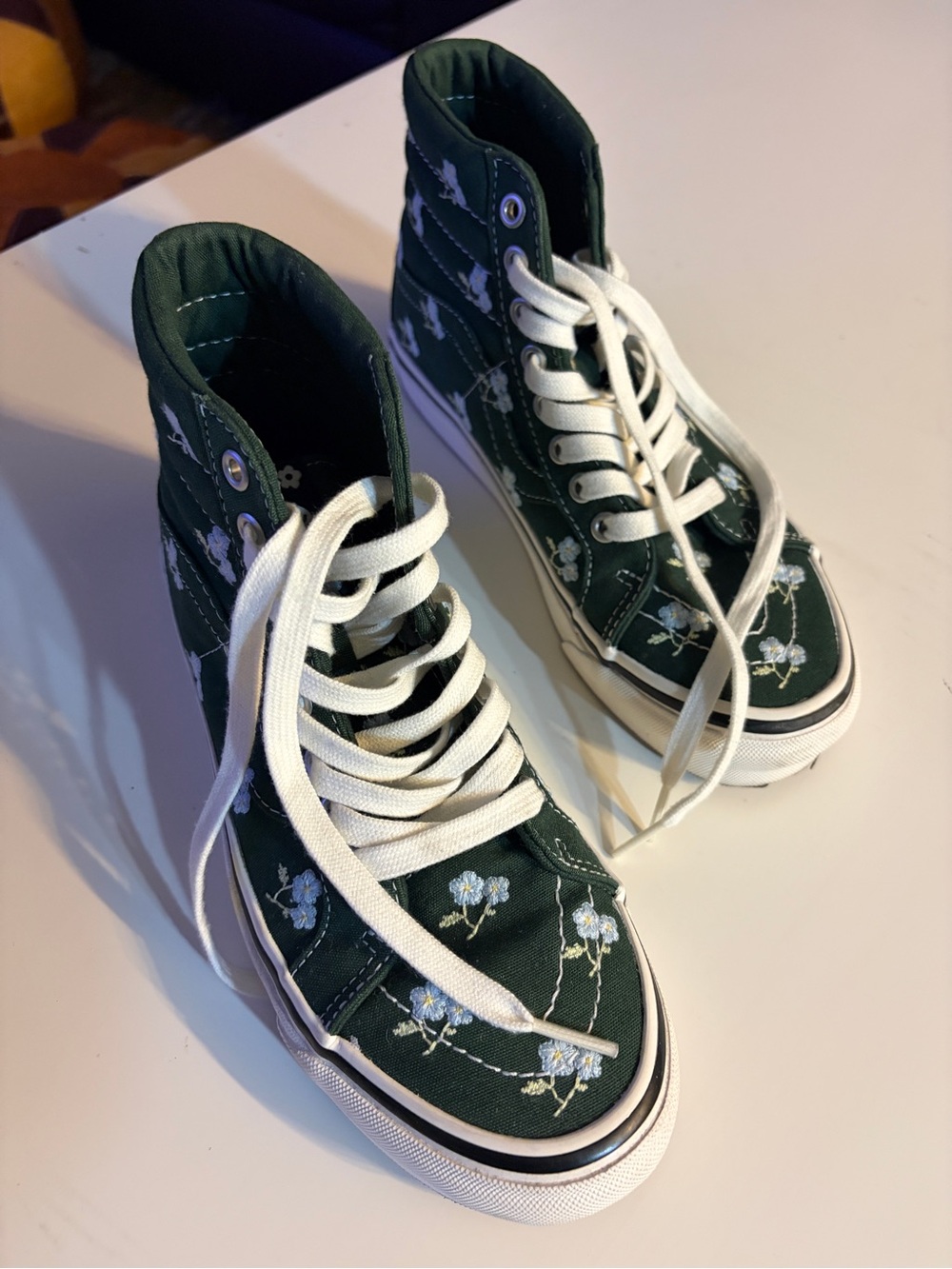 Vans Dark Green High-Top Sneakers with White Floral Embroidery